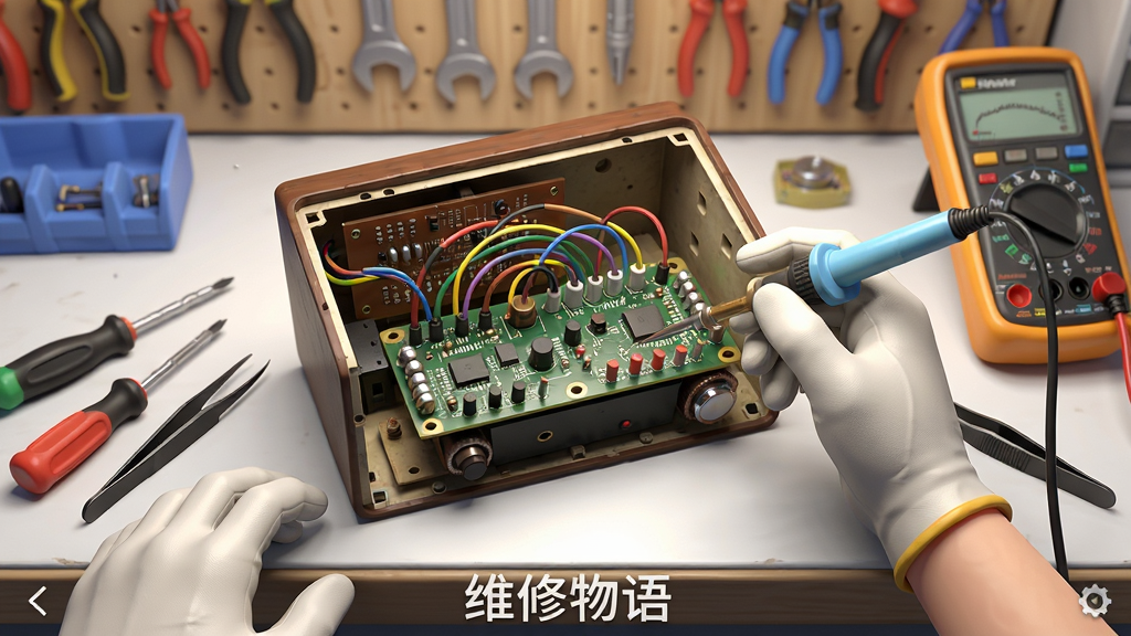 第一人称视角的维修操作界面,画面中央是一台拆开外壳的老式收音机,内部电路板与彩色电线清晰可见,主角双手戴着手套,手持电烙铁正在焊接一个焊点,旁边摆放着螺丝刀、镊子和万用表,背景是模糊的工作台和工具墙,风格写实且带有卡通渲染效果,光线充足,细节精致,画面干净整洁,文字“维修物语”印在工作台边缘。