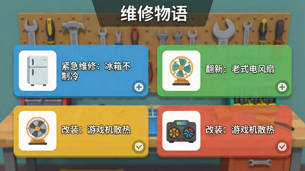 游戏任务列表界面,屏幕上显示多个任务卡片,如“紧急维修:冰箱不制冷”“翻新:老式电风扇”“改装:游戏机散热”,每张卡片配有对应电器的小图标,背景为工作台与工具墙,UI设计简洁明了,任务卡片排列整齐,色彩鲜明,风格扁平化,画质清晰,无多余元素,文字“维修物语”作为界面标题显示在顶部。