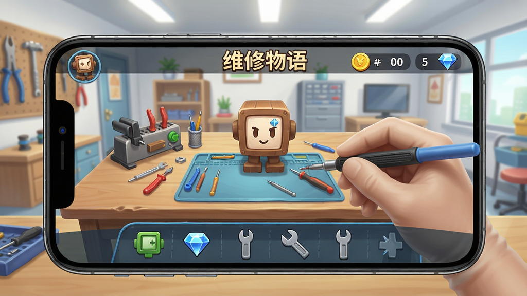 手机屏幕显示游戏画面,正在进行维修操作,屏幕下方有工具栏,右上角显示金币和钻石数量,背景为店内场景,光线明亮,UI清晰,风格与游戏一致,画质细腻,无多余元素,文字“维修物语”出现在屏幕顶部。