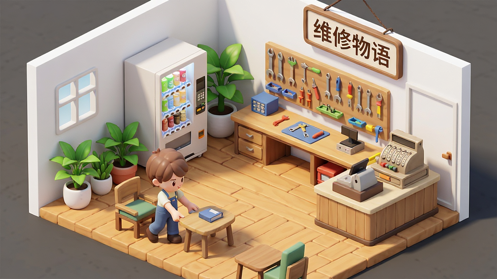 维修店铺内部装修界面,玩家正拖动家具摆件布置店面,木质地板,白色墙壁,角落摆放绿植和自动售货机,工作台区域宽敞明亮,工具分类挂放整齐,收银台带有复古收银机,整体风格清新简约,视角为俯视45度,画面明亮,色彩活泼,细节丰富,画质清晰,无多余元素,文字“维修物语”以招牌形式挂在店门上方。