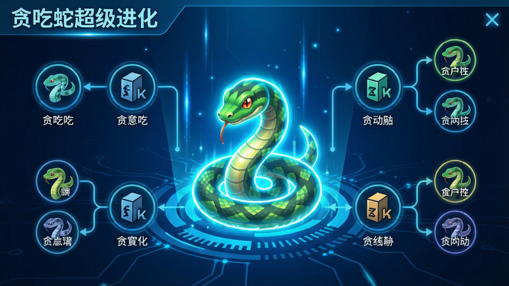 贪吃蛇超级进化进化界面截图,画面中央展示一条正在发光的蛇,周围有多个进化分支图标,每个图标下方标注属性说明,背景为科技感十足的蓝色光效,界面风格简洁明亮,游戏名称“贪吃蛇超级进化”出现在左上角,UI布局清晰,画质清晰,细节丰富,无多余元素