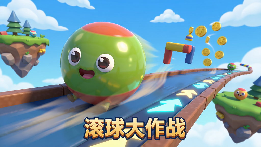 主体:一个色彩鲜艳的3D卡通圆球角色,球体表面有可爱的表情,正在倾斜的立体跑道上快速滚动。布局:画面中央偏左放置主球体,右侧是悬浮的障碍物和金币道具,背景是蓝天白云下的悬浮岛屿。排版:主球体占画面30%大小,前方有动态模糊的轨迹线,下方有“滚球大作战”游戏标题字样。风格:明亮活泼的卡通渲染风格,高饱和色彩,光影柔和。细节:球体带有反光质感,跑道边缘有发光箭头指引方向,远处有其他小球在滚动。画质:8K超高清,干净无多余元素。