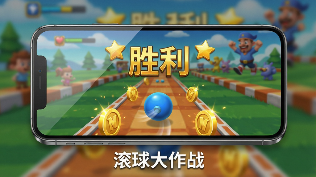 主体:一部智能手机横屏显示游戏画面,画面中一个蓝色小球正在跑道上冲刺,周围有金币特效。布局:手机位于画面中央,屏幕朝上,背景为模糊的游戏场景。排版:手机屏幕占据画面70%,屏幕内显示“胜利”字样和金色星星,手机下方有“滚球大作战”文字。风格:写实与卡通结合,光影自然,屏幕反光柔和。细节:手机边框有金属质感,屏幕边缘有细微反射,背景虚化。画质:4K高清,干净整洁。