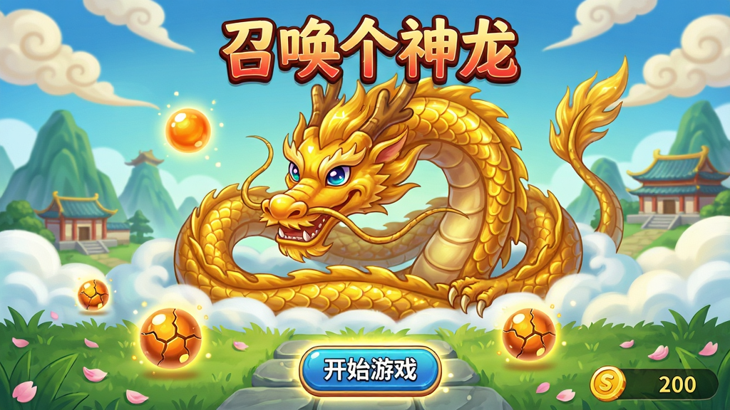 主体:游戏主界面展示,画面中央一条巨大的神龙盘旋在云端,龙鳞闪烁着金色光芒,周围环绕着几颗发光的龙珠。布局:神龙占据画面中央偏上,龙珠散落在下方草丛与石板路上,远处有青山和庙宇,天空飘着祥云。排版:界面顶部有“召唤个神龙”的红色艺术字标题,下方有“开始游戏”按钮,右下角有金币数量显示。风格:卡通手绘风格,色彩明亮鲜艳,线条圆润,整体充满中国神话韵味。细节:龙的眼珠有高光,龙须飘动,龙珠表面有裂纹特效,草地有花瓣点缀,按钮有微光动画。画质:高清渲染,干净无多余元素。