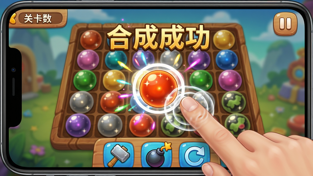 主体:手机横屏游戏画面,展示玩家正在拖拽一颗龙珠进行合成,周围有彩色光效。布局:画面中央是游戏棋盘,棋盘上分布着不同颜色的龙珠,玩家手指按住一颗龙珠,龙珠边缘有白色光圈,背景是游戏主界面。排版:左上角显示关卡数,右上角有暂停按钮,底部有道具栏,画面中有“合成成功”的飘字特效。风格:明亮卡通风格,色彩活泼,龙珠形状圆润,棋盘有木质纹理,背景虚化。细节:龙珠表面有闪光点,手指触控有涟漪效果,道具栏有锤子、炸弹、刷新图标,飘字有金色描边。画质:高清,干净无杂乱。