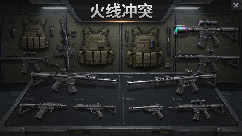 游戏主界面展示着“火线冲突”的枪械改装台,多款枪械零件整齐排列,背景为战术装备墙,布局规整清晰,排版采用对称式设计,风格硬朗且富有科技感,细节呈现枪管内部纹路与瞄准镜镀膜光泽,画质细腻,干净,无多余元素