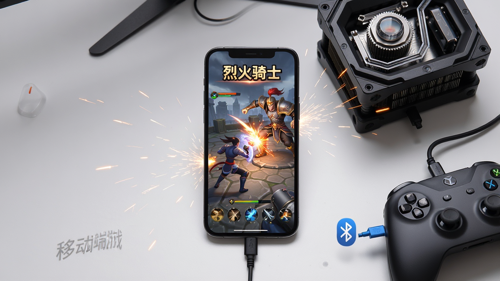 主体:手机屏幕显示《烈火骑士》游戏界面,旁边放着水冷散热器和游戏手柄。布局:手机居中,周围点缀着火花特效。排版:俯拍视角,桌面整洁,突出“移动端游戏”氛围。风格:写实摄影风格,光线柔和。细节:屏幕中清晰显示角色战斗画面,手柄与手机通过蓝牙连接。画质:高清,细节丰富,干净无多余元素。