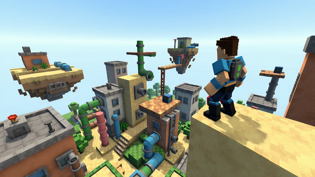 “跑酷强者-roblox”游戏场景概念图,布局为广阔的立体沙盒地图,包含屋顶、管道、浮空平台等多种地形,一个角色站在高处眺望,画面风格明亮,色彩鲜艳,构图大气,细节精致,画质高清,无多余元素