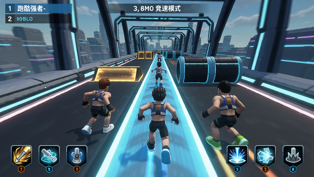 “跑酷强者-roblox”多人竞速模式截图,画面中多名玩家角色在一条科幻风格的跑道上同屏竞技,赛道有加速带和障碍物,界面底部显示技能冷却图标,顶部显示实时排名,风格动感,光影效果出色,画质清晰,无多余元素