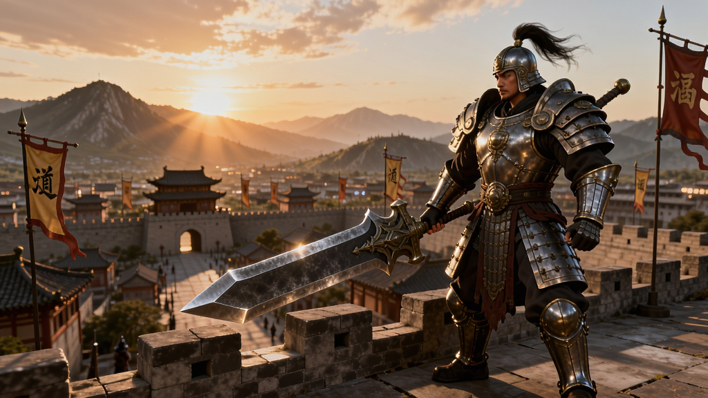 游戏主城全景图,古代武侠风格,一名身披重甲的战士手持巨剑站在城楼之上,背景是夕阳下的连绵山脉与旌旗,画面气势磅礴,强调金属质感与光影效果,风格写实,细节丰富,画质高清,干净无多余元素