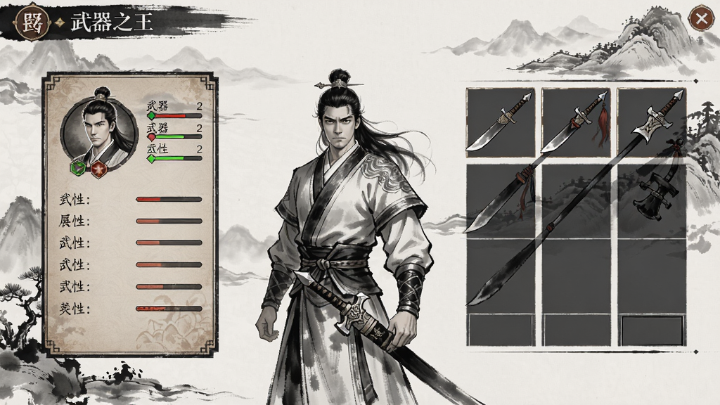 武器之王角色养成界面,显示角色属性面板与装备栏,界面风格古色古香,有水墨画元素,布局清晰,角色立绘精美,风格唯美,画质高清,干净无多余元素