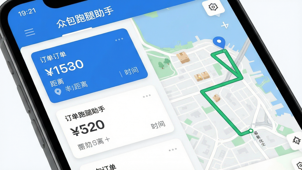 主体:众包跑腿助手软件界面,手机屏幕展示订单列表与地图导航。布局:左侧订单卡片,右侧地图路线。排版:简洁清晰,信息层级分明。风格:现代扁平化,蓝色主色调。细节:订单卡片显示金额、距离、时间,地图上有绿色最优路线。画质:高清,干净,无多余元素。图片中文字“众包跑腿助手”清晰可见。