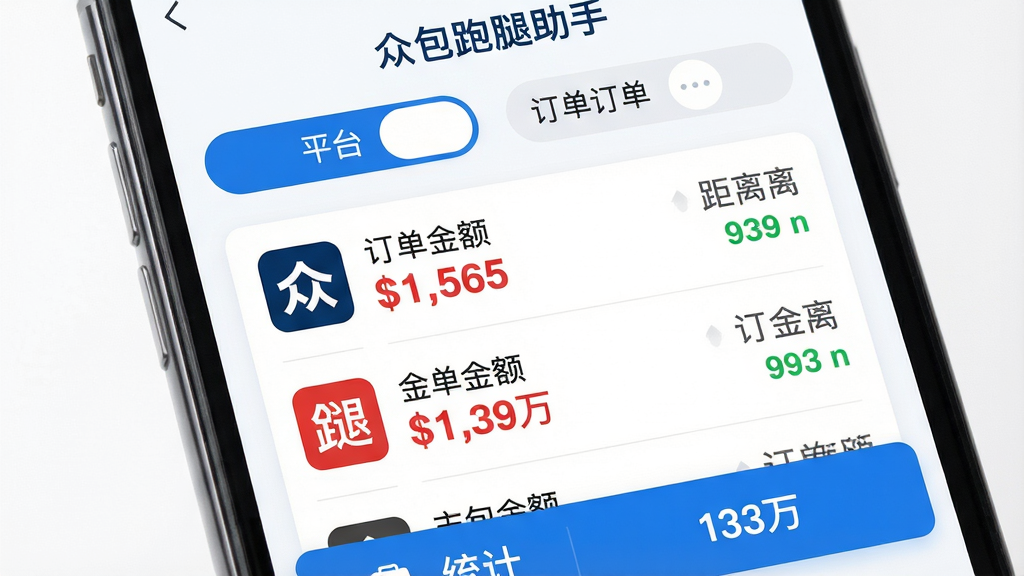 主体:手机屏幕显示众包跑腿助手聚合订单页面。布局:顶部平台切换标签,中部订单列表,底部统计栏。排版:列表式布局,每行显示平台图标、订单金额、距离。风格:简洁商务风,白底蓝字。细节:订单金额用红色加粗,距离用绿色标注。画质:高清,干净,无多余元素。图片中文字“众包跑腿助手”出现在顶部。