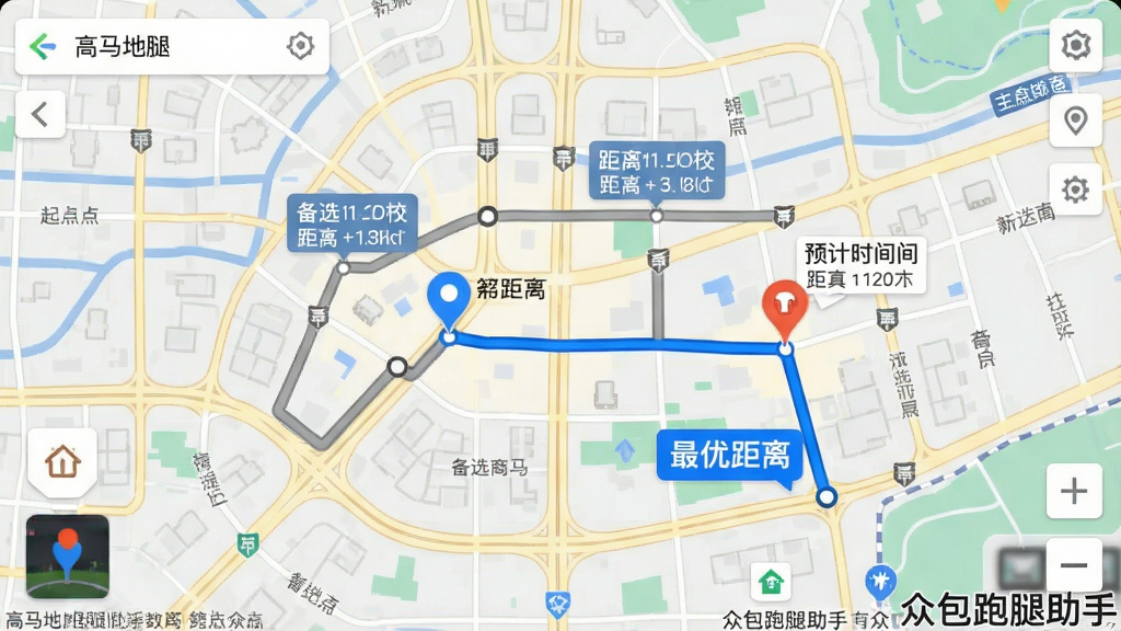 主体:地图界面显示多条配送路线对比。布局:地图中央为起点与终点标记,路线用不同颜色线条显示。排版:清晰标注每条路线的距离与预计时间。风格:高德地图风格,道路清晰。细节:最优路线用蓝色粗线条,备选路线用灰色细线条。画质:高清,干净,无多余元素。图片中文字“众包跑腿助手”水印在角落。