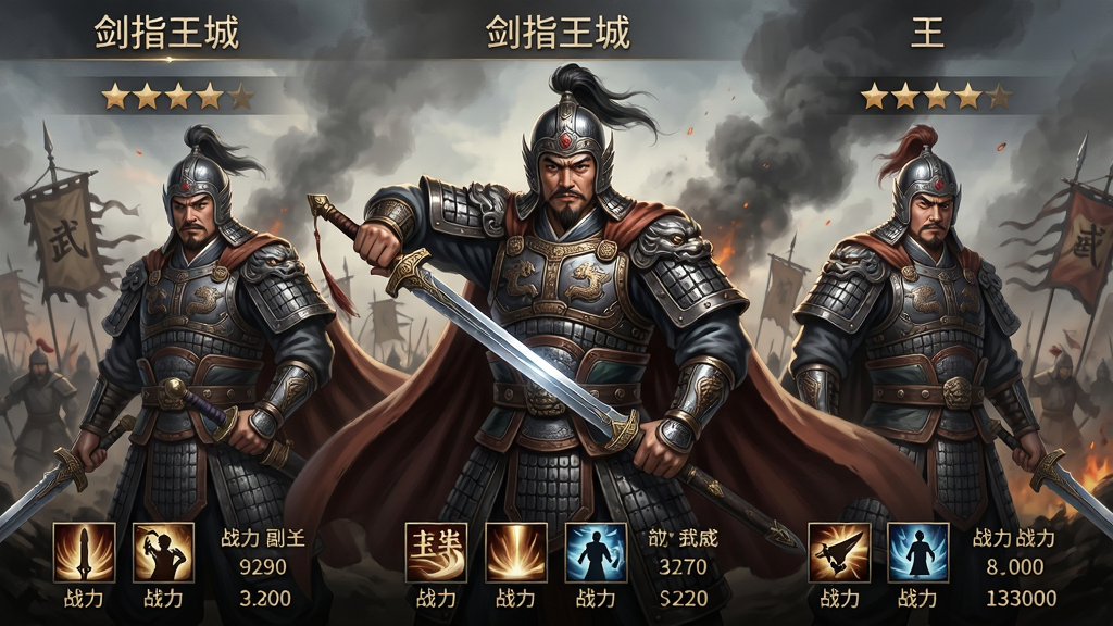 主体:武将立绘展示界面,以“剑指王城”为背景,三名身着古代盔甲的武将并排站立,中间一位手持长剑,气势非凡。布局:三位武将呈三角形排列,中间为主将,两侧为副将,背景为战场硝烟。排版:武将名字与星级浮于上方,下方为技能图标与战力数值。风格:国风写实,色彩厚重,金属质感强烈。细节:武将盔甲上的纹路、武器上的寒光、披风的飘动,均清晰可见。画质:高清晰度,干净无多余元素。
