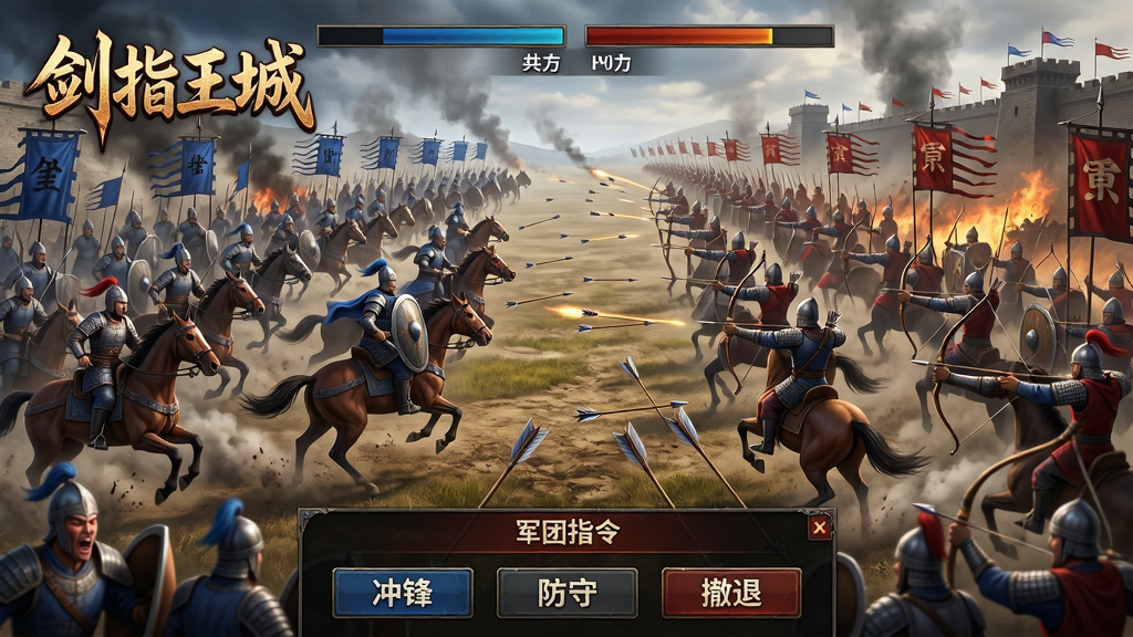 主体:万人国战场景,屏幕上“剑指王城”logo置于左上角,画面中央是两军对垒的宏大战场,骑兵冲锋、弓箭手齐射。布局:战场横跨整个屏幕,左侧为蓝方阵营,右侧为红方阵营,中间为交战区域,上方显示双方兵力条。排版:下方为军团指令面板,包含冲锋、防守、撤退等按钮。风格:写实3D,战场硝烟弥漫,光影效果震撼。细节:士兵的呐喊、战马的嘶鸣、箭矢的轨迹,每一帧都充满张力。画质:极致高清,无多余元素。