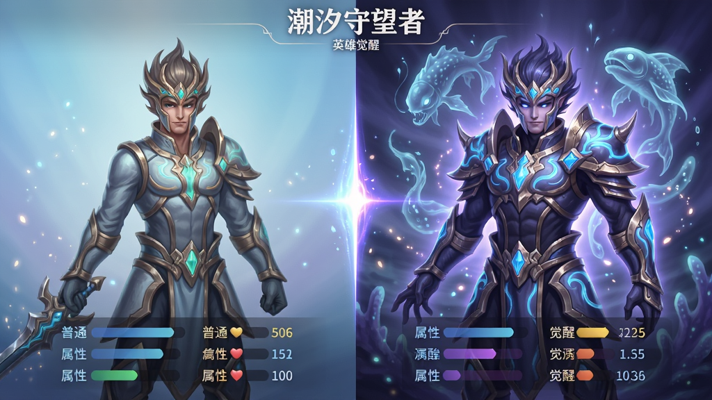 主体:《潮汐守望者》英雄觉醒界面,展示一位英雄从普通形态到觉醒形态的对比;布局:左右分屏设计,左侧为普通形态,右侧为觉醒形态,中间有光效连接;排版:英雄立绘占据画面中心,属性对比数据在下方展示;风格:唯美幻想风,色彩从淡蓝渐变到深紫,突出蜕变感;细节:觉醒形态的英雄背后有海洋生物虚影,铠甲上有发光纹路,周围有光粒子飘散;画质:高精度立绘,细节精致,干净无多余元素。