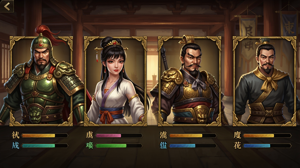 项羽传武将招募界面预览图,画面展示一排武将立绘,包括项羽、虞姬、韩信等,每个立绘下方有属性条,背景是古风宫殿,布局为横向排列,风格为游戏UI截图,细节包含立绘边缘的金色装饰,画质高清,干净无多余元素,图片中不出现文字