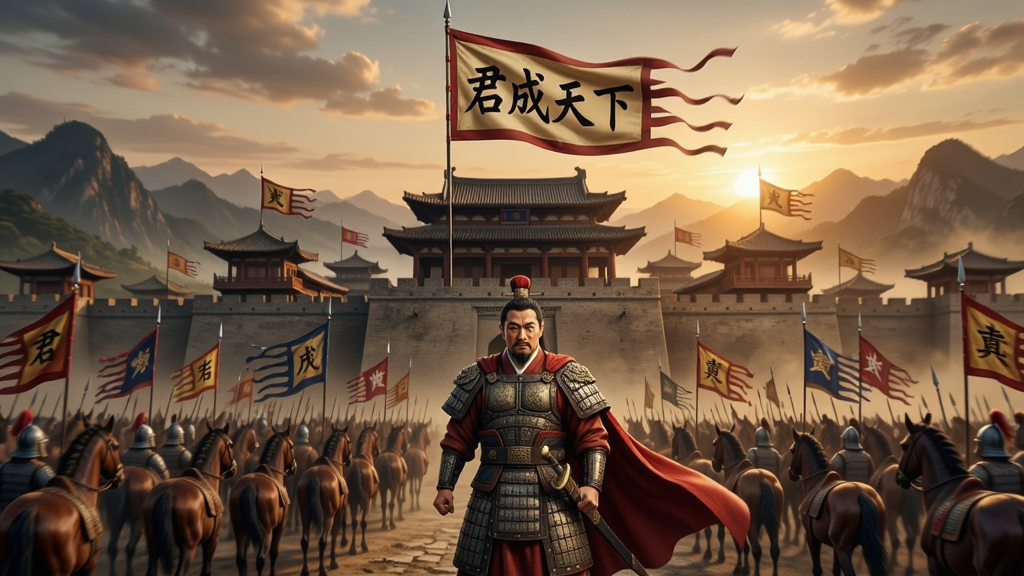 画面中央是一座宏伟的古代城池,城楼上飘扬“君成天下”旗帜,前方站立一位身披战袍的将军,四周是千军万马,背景是壮丽山河与落日余晖,整体构图气势磅礴,采用写实风格,细节精致,光影层次丰富,画质高清,干净无多余元素。