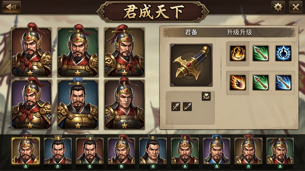 画面中心是“君成天下”武将养成界面,左侧排列着多位三国名将的立绘,右侧显示装备与技能升级面板,下方有一排武将头像,整体UI设计清晰,采用古风插画风格,色彩浓郁,细节丰富,画质细腻,干净无多余元素。