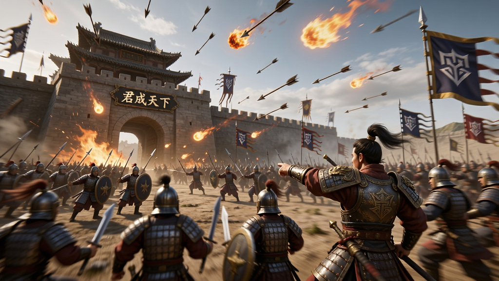 画面是“君成天下”国战战场,大批士兵在城门前交战,天空中飞舞着火球与箭矢,远处有联盟旗帜,玩家角色在队伍前方指挥,整体采用动态战斗场景,风格写实,光影特效华丽,细节丰富,画质高清,干净无多余元素。