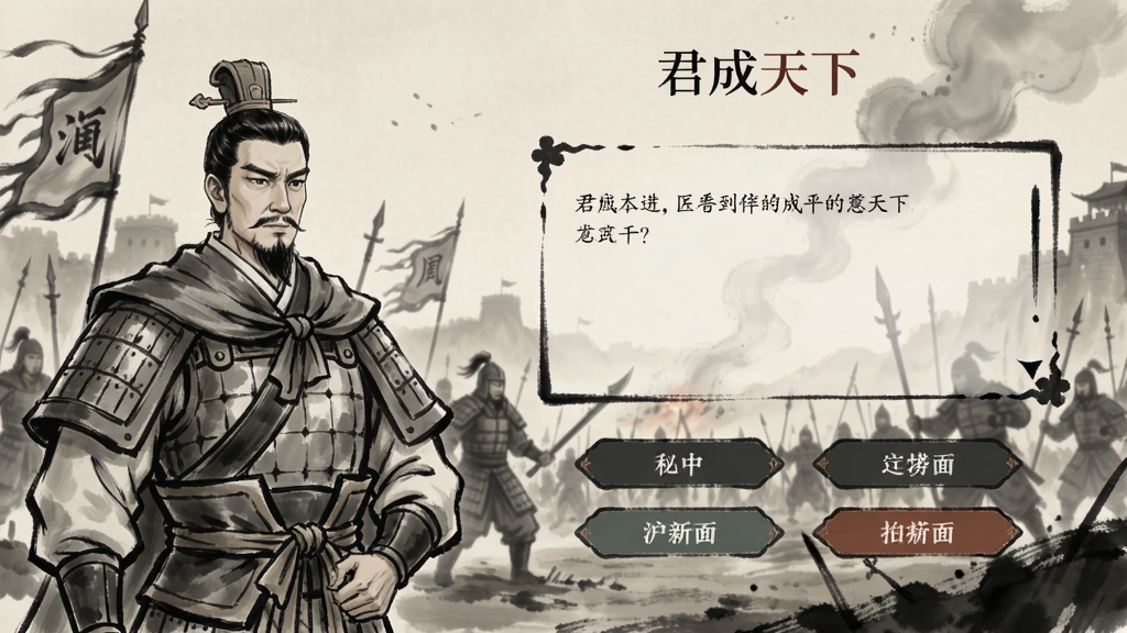 画面是“君成天下”剧情对话场景,左侧是历史人物立绘,右侧是对话框与选项按钮,背景为古战场,整体采用水墨风格,色调古雅,文字清晰,画质柔和,干净无多余元素。