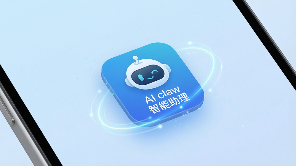 一张智能手机屏幕特写,屏幕中央显示“AI claw智能助理”的悬浮助手图标,背景为简洁的浅蓝色渐变,图标周围有流动的科技感光效,整体风格现代简约,画质清晰,干净无多余元素