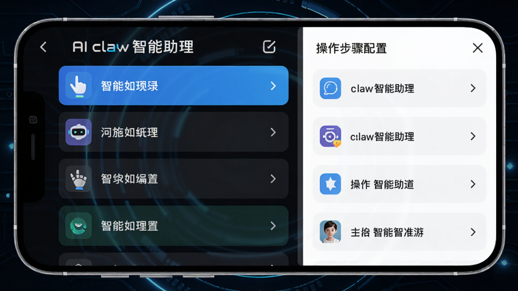 手机屏幕展示“AI claw智能助理”的指令编辑界面,左侧为指令列表,右侧为操作步骤配置面板,背景为深色科技风格,图标线条流畅,色彩鲜艳,画质清晰