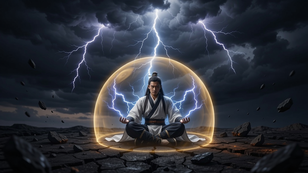 主体:一位修仙者盘坐于雷云之下,周身环绕金色光罩,正在抵御天劫雷电;布局:人物居中,上方乌云密布,雷电劈下,下方为焦黑的地面与散落的碎石;排版:垂直构图,以雷电为视觉引导线,突出渡劫的紧张氛围;风格:写实玄幻风,光影对比强烈,雷电呈蓝紫色;细节:雷电流光、衣袍飘动、地面裂纹清晰可见,光罩半透明;画质:4K超清,干净无多余元素。