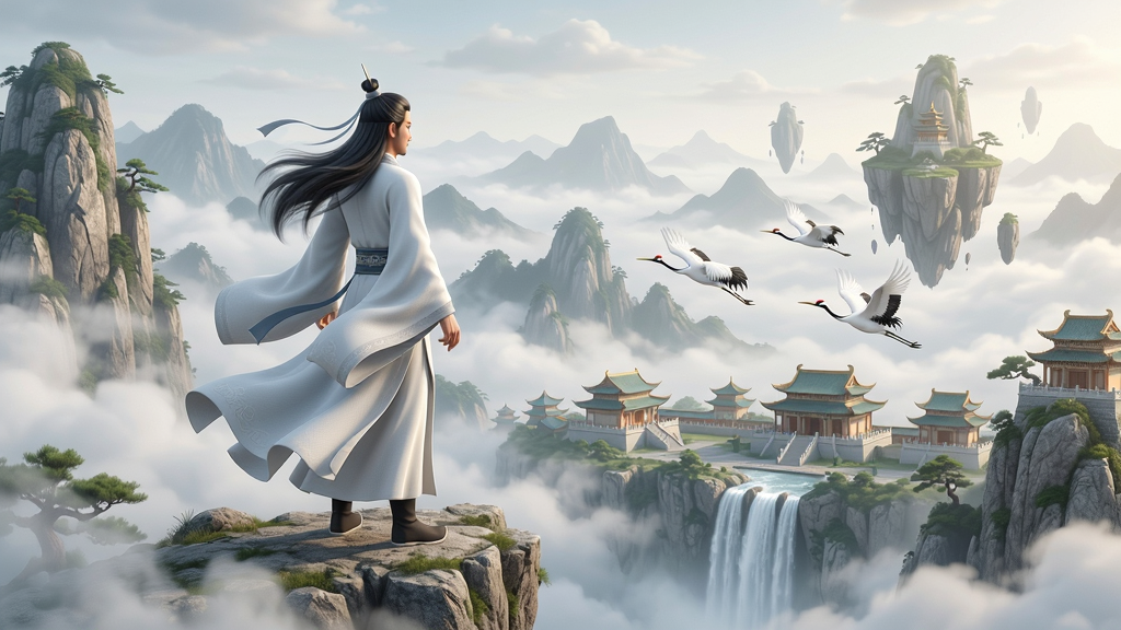 主体:一位身着白衣的修仙者站在云雾缭绕的山巅,俯瞰下方壮丽的仙宫与飞瀑;布局:人物居中偏左,远景为层叠的山峦与漂浮的仙岛,中景有仙鹤掠过;排版:画面采用黄金分割构图,人物与远景形成纵深对比;风格:写实国风水墨结合3D渲染,色彩清雅,光影柔和;细节:衣袂飘飘,发丝清晰,山石纹理细腻,云雾半透明;画质:8K超清,干净无多余元素。