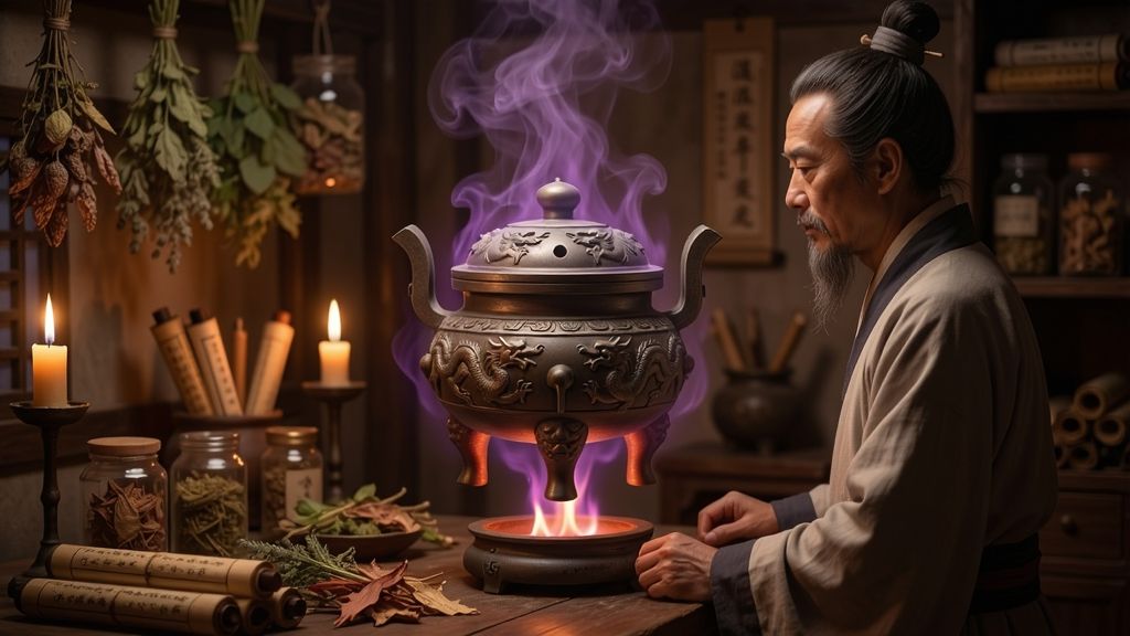 主体:一位炼丹师在古色古香的丹房内,面前悬浮着一尊冒着紫气的丹炉;布局:人物侧身站立,丹炉居中,周围摆满药草与卷轴;排版:水平构图,丹炉为视觉焦点,人物与背景形成层次;风格:古风写实,暖色调,烛光与炉火辉映;细节:丹炉纹路清晰,紫气缭绕,药草纹理可见,人物表情专注;画质:高清,干净无多余元素。