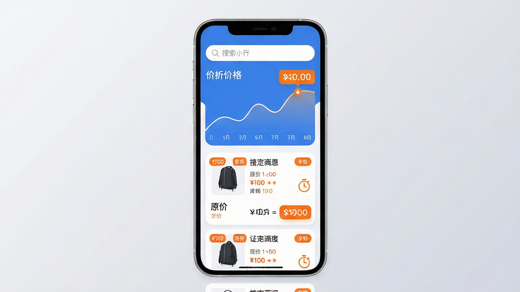 主体:Discounty应用界面展示,手机屏幕中央显示折扣商品列表与价格曲线图;布局:手机竖屏居中,界面元素清晰排列,上方为搜索栏,下方为商品卡片瀑布流;排版:现代简约风格,卡片圆角设计,价格标签醒目;风格:清新明亮,主色调为蓝白搭配,辅以橙色折扣标签;细节:屏幕上显示商品名称、原价与折扣价对比、倒计时秒杀图标,背景为浅灰色渐变;画质:高清渲染,干净无多余元素。