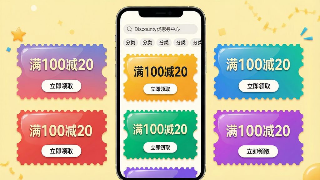 主体:Discounty优惠券中心界面,展示多张彩色优惠券卡片;布局:手机竖屏,券面以网格形式排列,每张券上印有“满100减20”等字样;排版:卡片式布局,券面圆角带锯齿边,颜色鲜艳区分不同品类;风格:活泼清新,浅黄色背景,券面有光泽质感;细节:每张券下方显示“立即领取”按钮,顶部有搜索框和分类标签;画质:高清晰度,干净无多余元素。