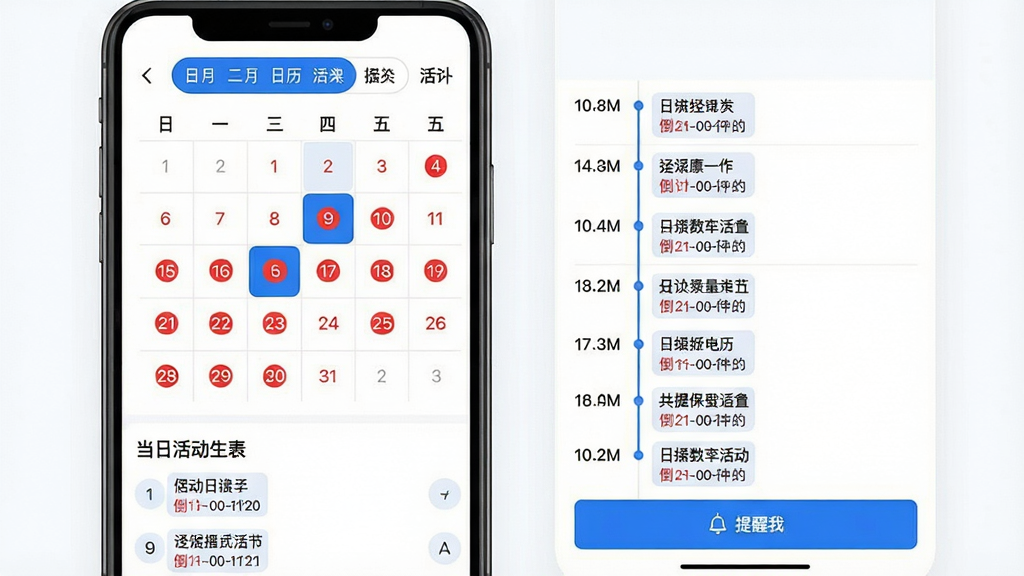 主体:Discounty活动日历界面,日历上标记多个红色圆点代表促销日;布局:手机竖屏,上方为月份切换栏,下方为当日活动列表;排版:日历格子清晰,选中日期高亮显示,活动列表以时间轴形式排列;风格:简约商务,白色背景配蓝色点缀;细节:每个活动名称旁有倒计时标签,底部有“提醒我”按钮;画质:干净整洁,无多余元素。