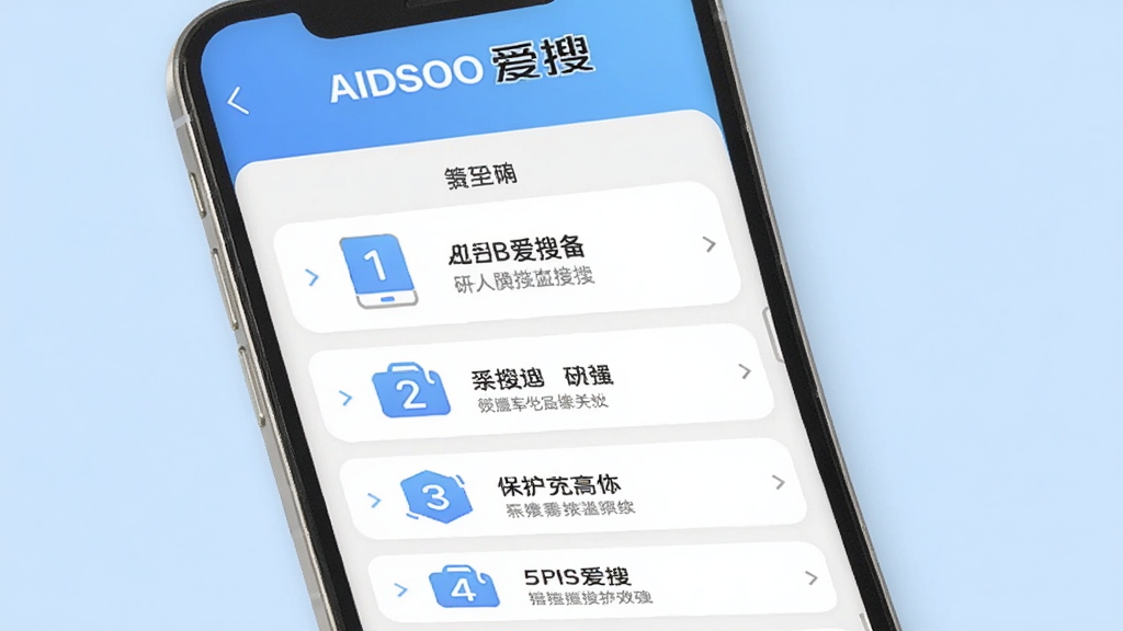 主体为手机屏幕显示“AIDSO爱搜”使用指南界面,背景为浅蓝色,布局以步骤列表形式,排版清晰,风格简洁,细节包含图标和文字,画质干净,无多余元素