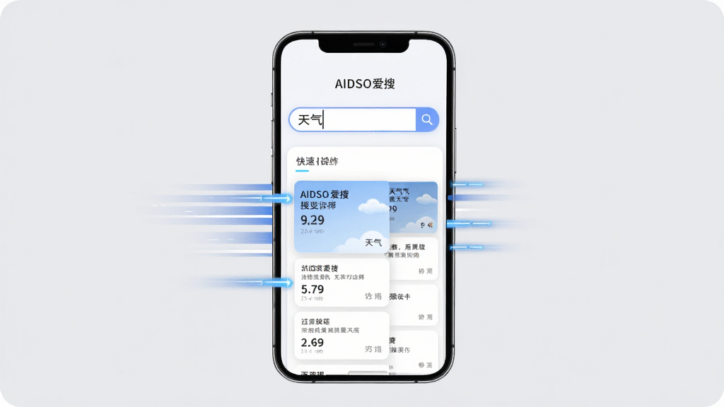 主体为手机屏幕展示“AIDSO爱搜”搜索过程,搜索框内输入“天气”,下方快速展示结果卡片,背景为浅灰色,布局以手机为中心,排版清晰,风格科技感,细节突出速度线条,画质干净,无多余元素
