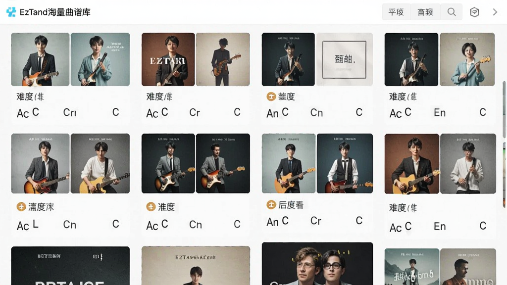 EzTand海量曲谱库界面截图,主体为歌曲列表展示,布局采用瀑布流形式,排版信息层级分明,风格清新明快,细节包含歌曲封面、难度等级与和弦标记,画质清晰,干净无多余元素