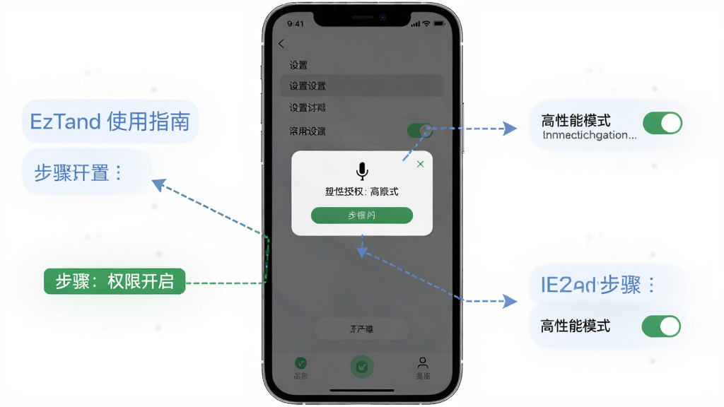 EzTand使用指南教程示意图,主体为手机竖屏操作界面,布局展示设置菜单与权限开启步骤,排版为步骤图解式,风格简洁明了,细节包含麦克风授权弹窗与高性能模式开关,画质高清,干净无多余元素