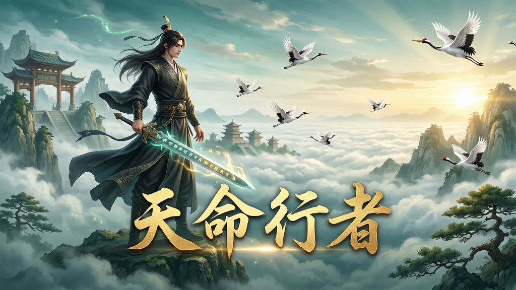 主体:天命行者游戏主视觉图,一位身披玄色长袍的仙侠主角手持发光的古剑,站立于云雾缭绕的仙山巅峰,远眺云海与飞檐楼阁;布局:主角居中偏左,右侧留白融入远山与霞光,天空中有仙鹤飞过,整体采用黄金分割构图;排版:画面中央下方悬浮金色行书字样的“天命行者”四个大字,字体飘逸有力,带有微光特效;风格:写实国风,融合水墨渲染与光影层次,色彩以青绿、金、白为主,仙气缭绕;细节:衣袂飘动,剑身有符文流转,云海翻涌,远处有山门与古松;画质:8K超高清,细节丰富,光影自然,干净无多余元素。