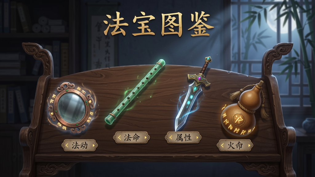 主体:《天命行者》游戏法宝展示界面,一个古风木架上陈列着各种发光的法宝,如铜镜、玉笛、飞剑、葫芦等;布局:法宝呈扇形排列,每个法宝下方有名称与属性说明的小标签;排版:画面中央上方有“法宝图鉴”字样,字体为金色楷体;风格:写实国风,细节精致,光线柔和,背景为书房与窗外竹影;细节:法宝表面有流光与符文,木架上有雕刻纹路,窗外有月光洒入;画质:4K高清,材质纹理清晰,干净无多余元素。
