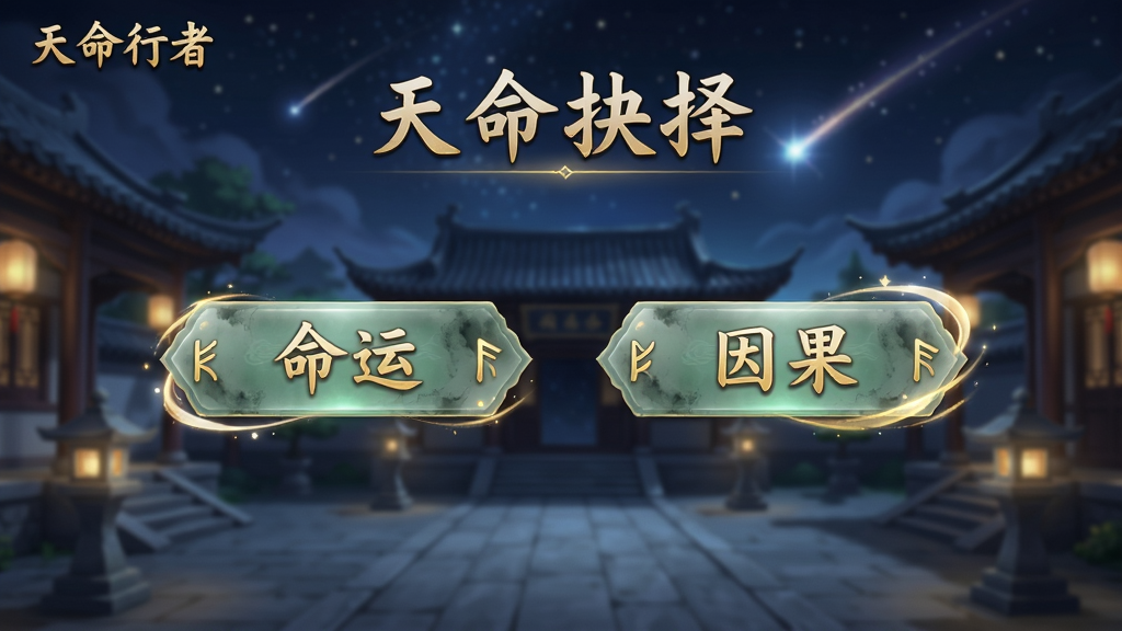 主体:《天命行者》游戏界面截图,展示天命选择界面,屏幕中央显示两个带有金色符文的选项按钮,背景为古风庭院与星空;布局:选项按钮位于画面中心,背景虚化,上方有“天命抉择”标题字样;排版:文字采用竖排古风字体,按钮为半透明玉质材质,边缘有流光特效;风格:国风UI设计,融合水墨与鎏金元素,色调以深蓝、金、白为主;细节:按钮上有“命运”、“因果”等字样,背景星空中有流星划过,庭院中灯笼微亮;画质:高清晰度,UI细节精致,干净无多余元素。