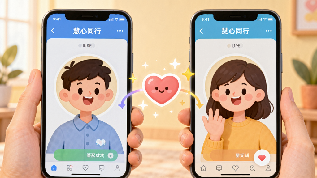 主体为两位用户通过手机屏幕上的“慧心同行”应用成功匹配的画面,屏幕中显示两个卡通头像与一颗连接的心,布局左右对称,排版清晰,风格活泼明快,细节包括匹配成功时的闪光特效与用户微笑表情,画质细腻干净,无多余元素