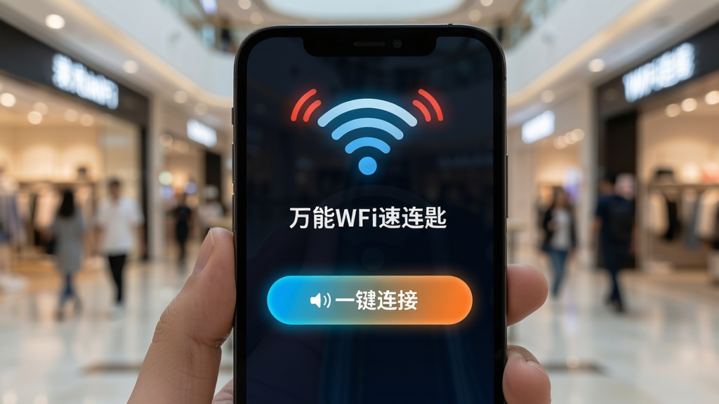 手机屏幕特写,界面显示“万能WiFi速连匙”应用的一键连接按钮,背景是模糊的商场内部环境,WiFi信号图标在屏幕上方闪烁,布局以手机界面为主体,居中构图,风格写实且细节丰富,突出按钮的醒目色彩,画质清晰干净,无多余元素。