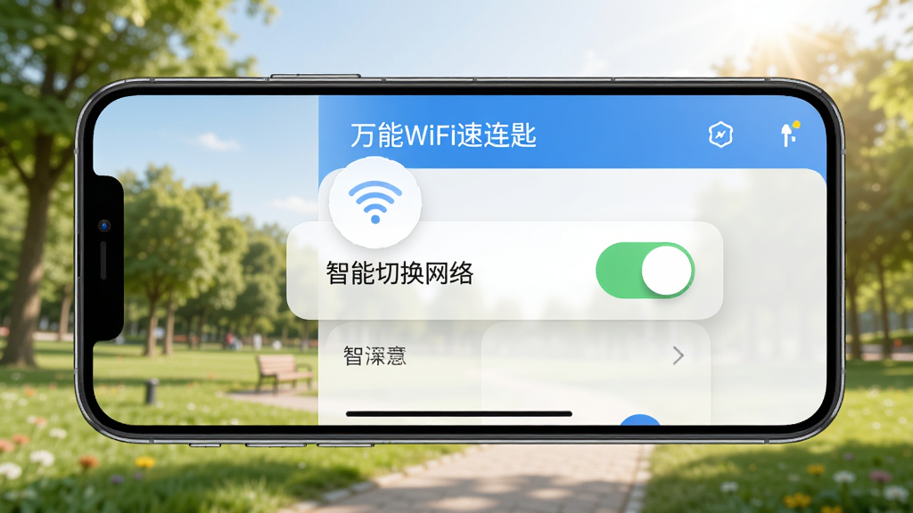 手机横屏展示“万能WiFi速连匙”的设置界面,突出“智能切换网络”开关,背景为户外公园,光线明亮,布局以界面为主,风格自然,细节清晰,画质干净,无多余元素。