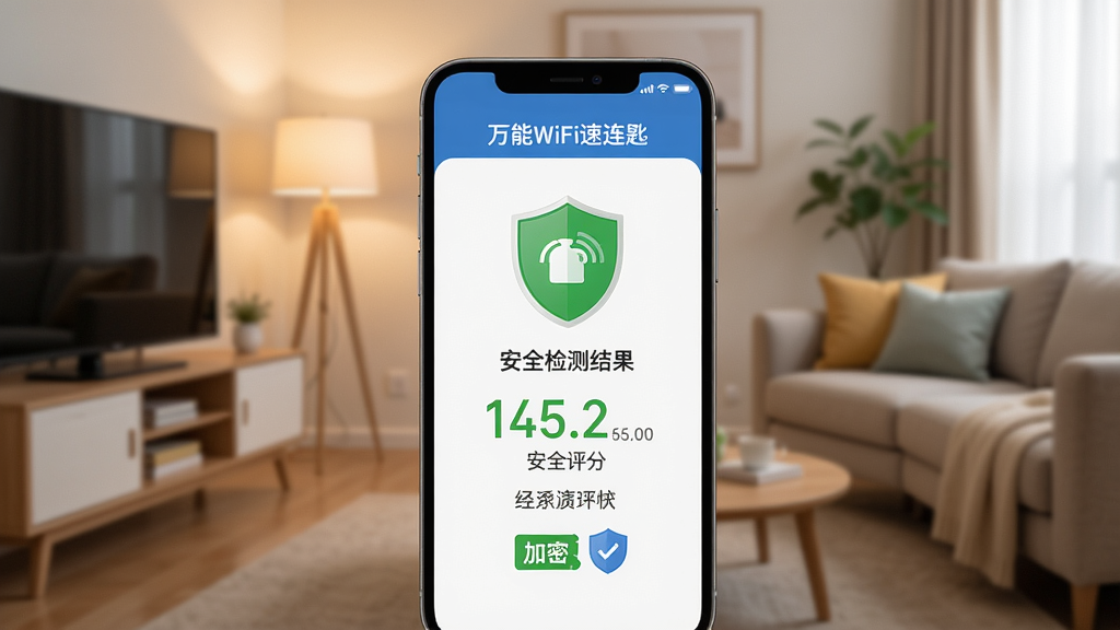 手机屏幕显示“万能WiFi速连匙”的安全检测结果界面,绿色盾牌图标表示安全,背景为室内客厅,光线柔和,布局以界面信息为主,风格直观清晰,细节突出安全评分与加密标识,画质细腻干净,无多余元素。