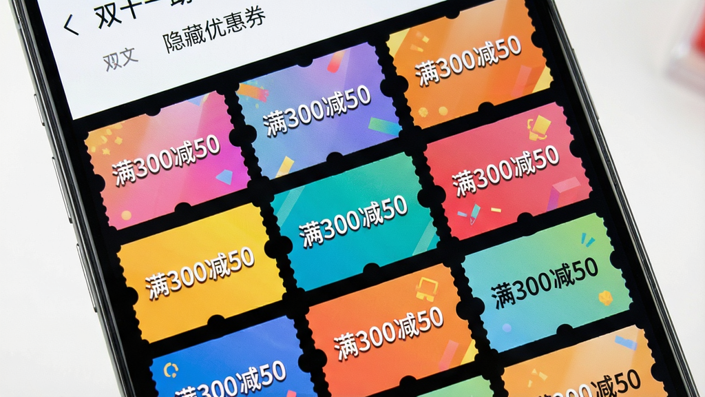 双十一助手隐藏优惠券展示页面,主体为手机界面陈列多张彩色优惠券卡片,布局采用网格排列,风格活泼鲜艳,细节每张券面显示“满300减50”字样,画质清晰干净无多余元素
