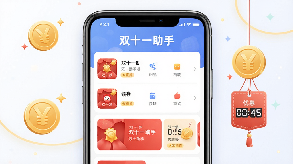 双十一助手软件主界面预览图,主体为手机屏幕展示应用列表与优惠券聚合页面,布局采用居中对称设计,顶部有“双十一助手”字样标题,整体风格清新明亮,细节包含红色金币图标与倒计时挂件,画质高清干净无多余元素