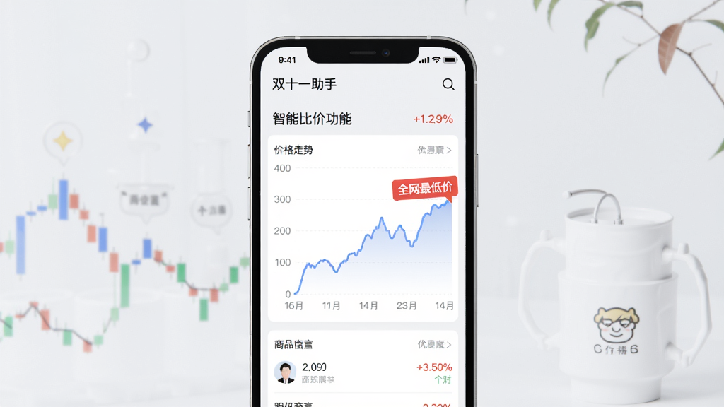 双十一助手智能比价功能示意图,主体为手机界面显示商品价格走势折线图,布局采用图表居中排列,排版简洁清晰,风格现代商务,细节标注“全网最低价”红色标签,画质锐利干净无多余元素