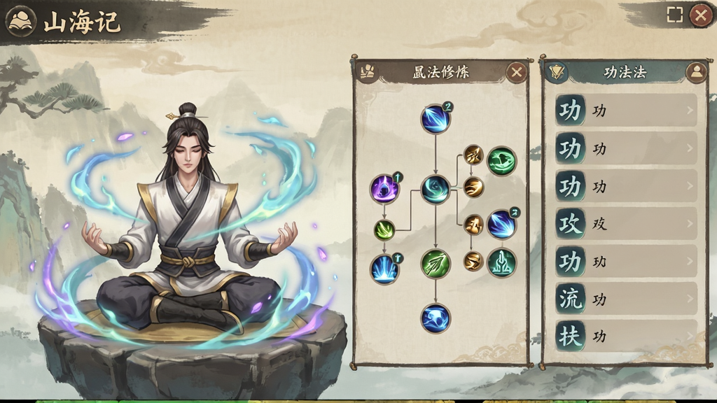 山海记角色修炼界面,展示角色打坐修炼,周围环绕灵气,技能树界面,功法列表,古风UI设计,色调淡雅,画质细腻,干净无多余元素