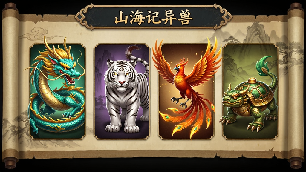 山海记异兽收集界面,展示多种神兽立绘,包括青龙、白虎、朱雀、玄武,界面设计精美,角色立绘细腻,背景为古风卷轴,色彩鲜艳,画质清晰,干净无多余元素